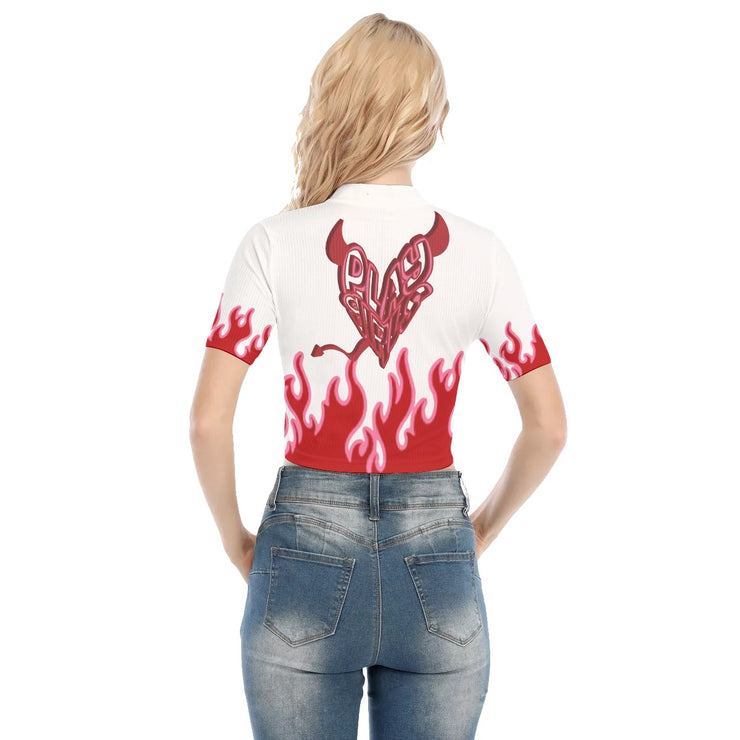 All-Over Print Women's Short Sleeve T-shirt With Zipper