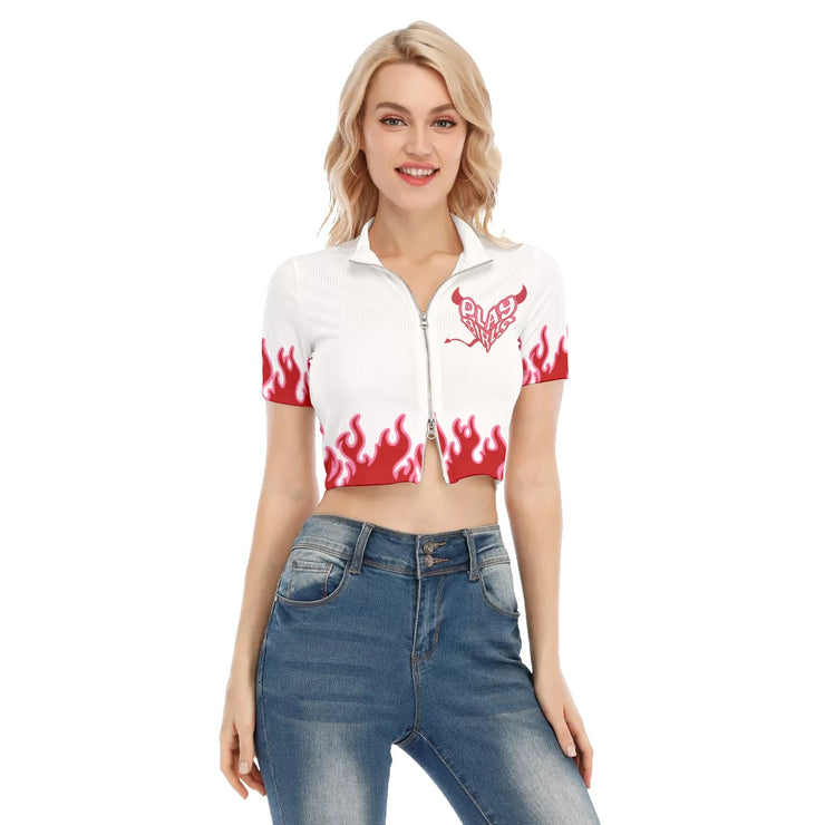 All-Over Print Women's Short Sleeve T-shirt With Zipper